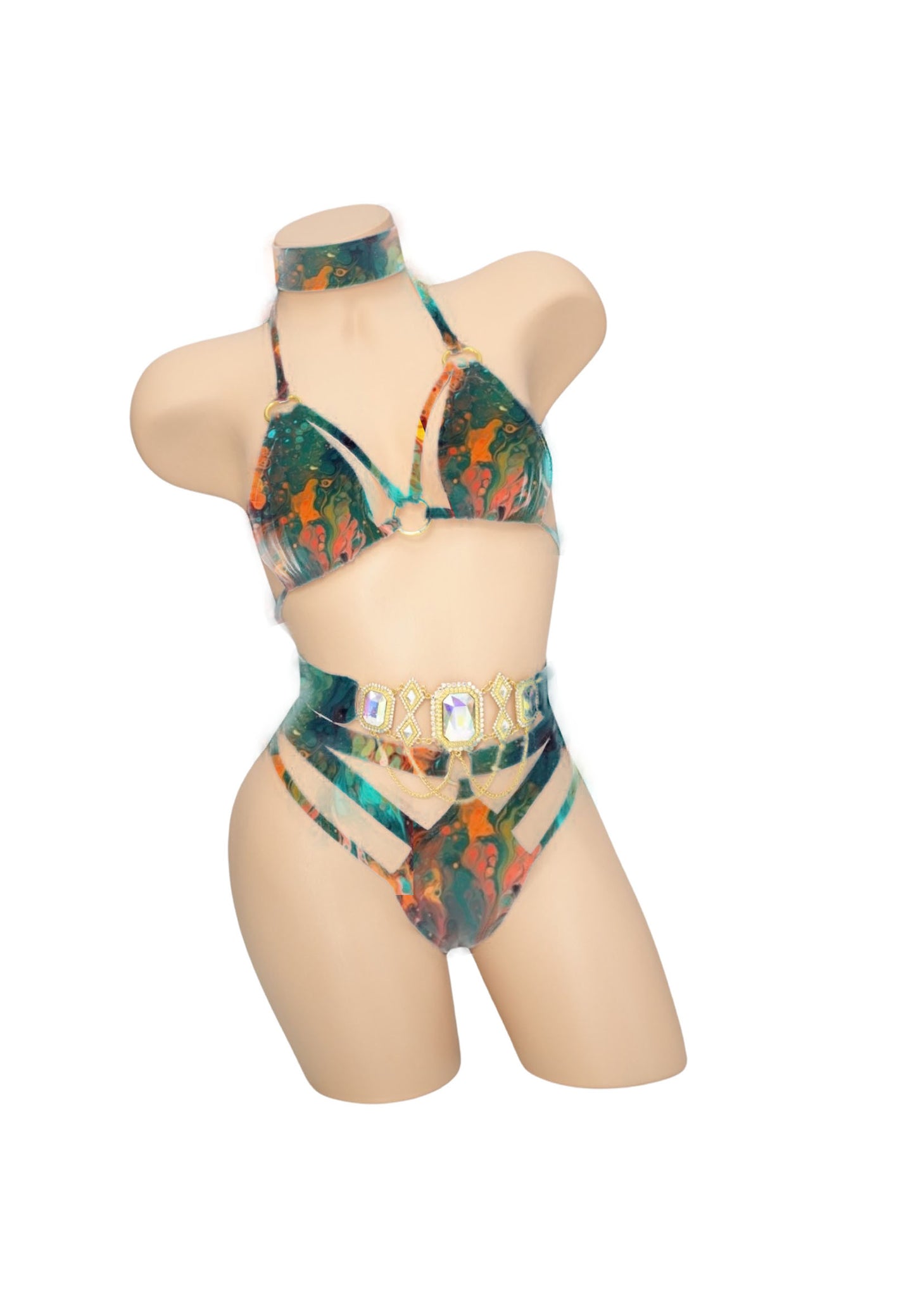 Sage & Gold Marble Multiple Strap Thong Bikini Bottoms