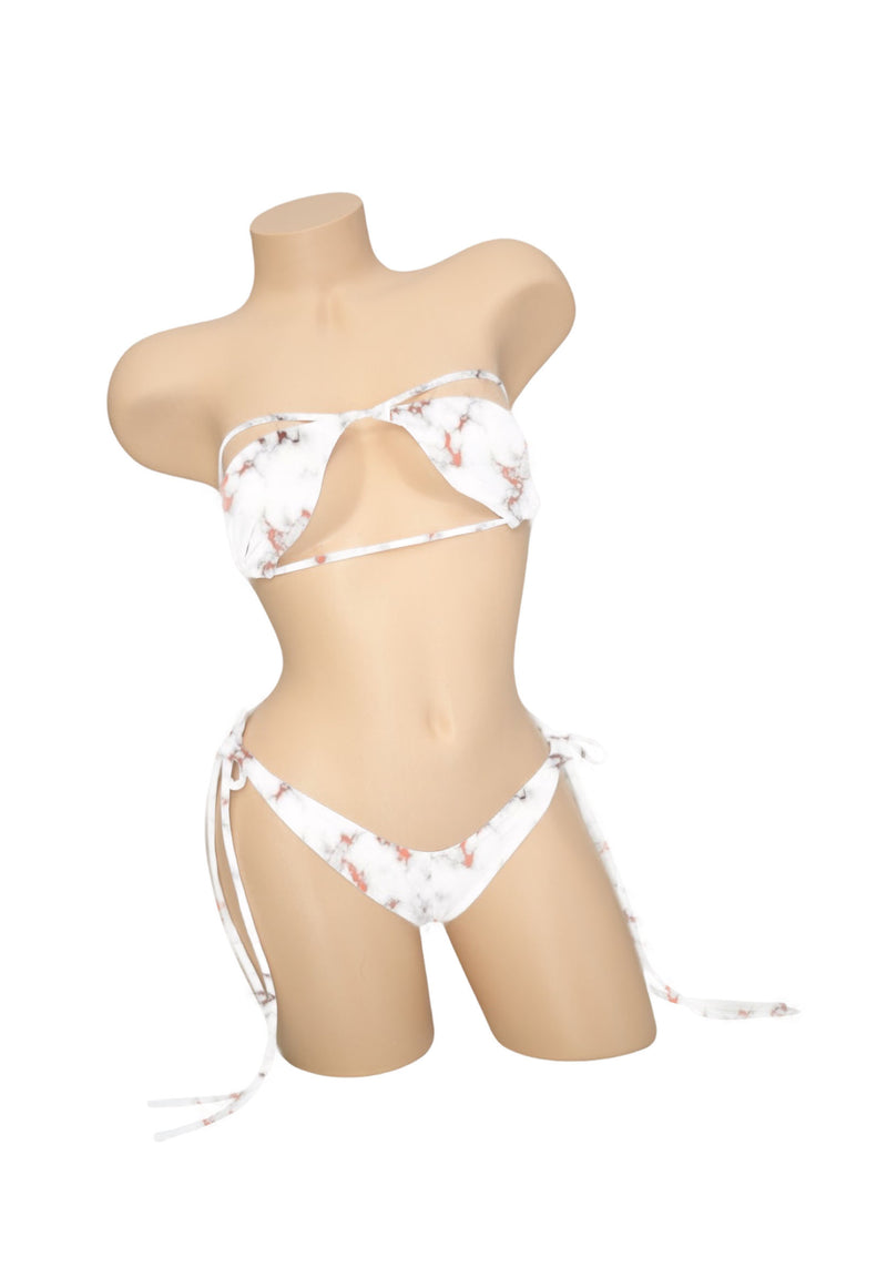 White Marble Scrunch Back String Tie Bikini Bottoms