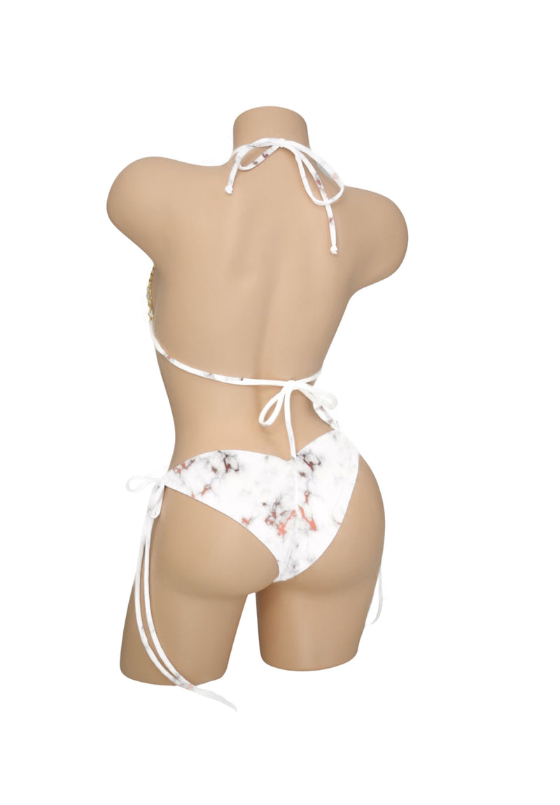 White Marble Scrunch Back String Tie Bikini Bottoms