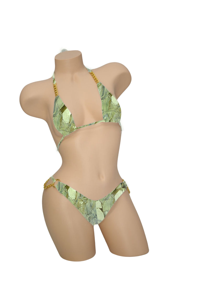 Green Geo Agate Micro Chain Detail Bikini Top