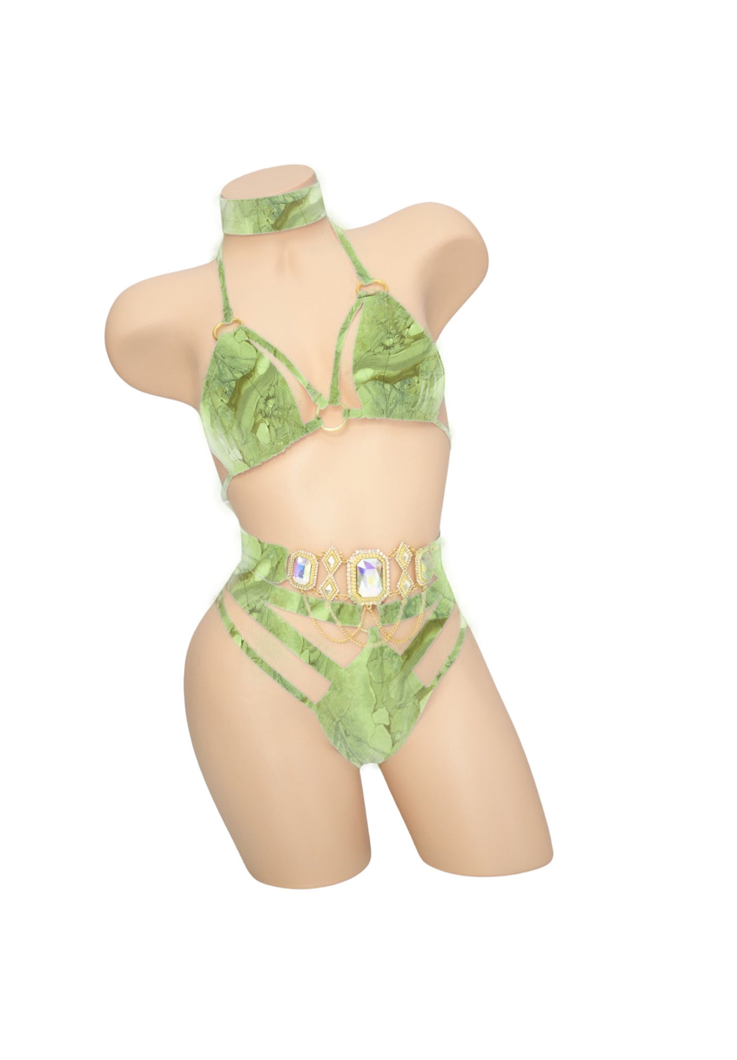 Green Geo Agate Multiple Strap Thong Bikini Bottoms