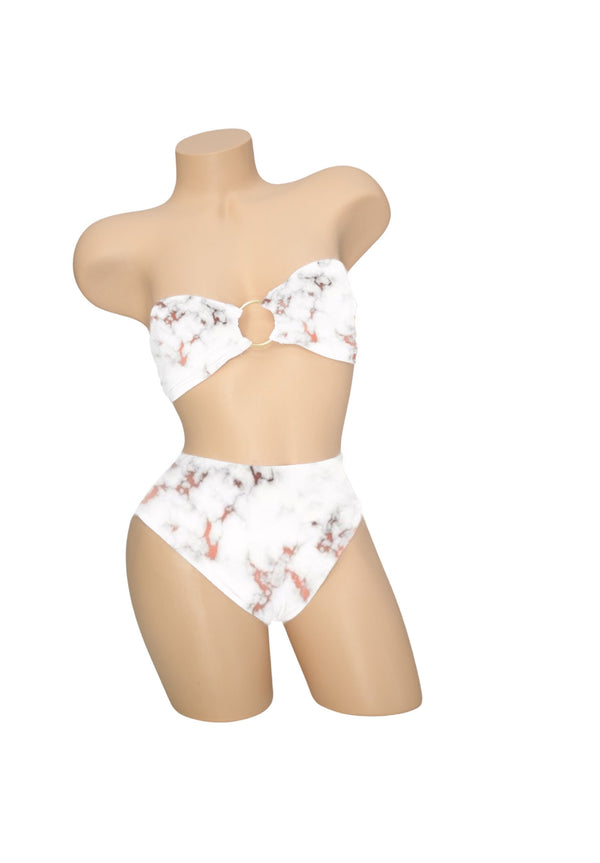 White Marble High-Waisted Full Coverage Swimwear Bottoms