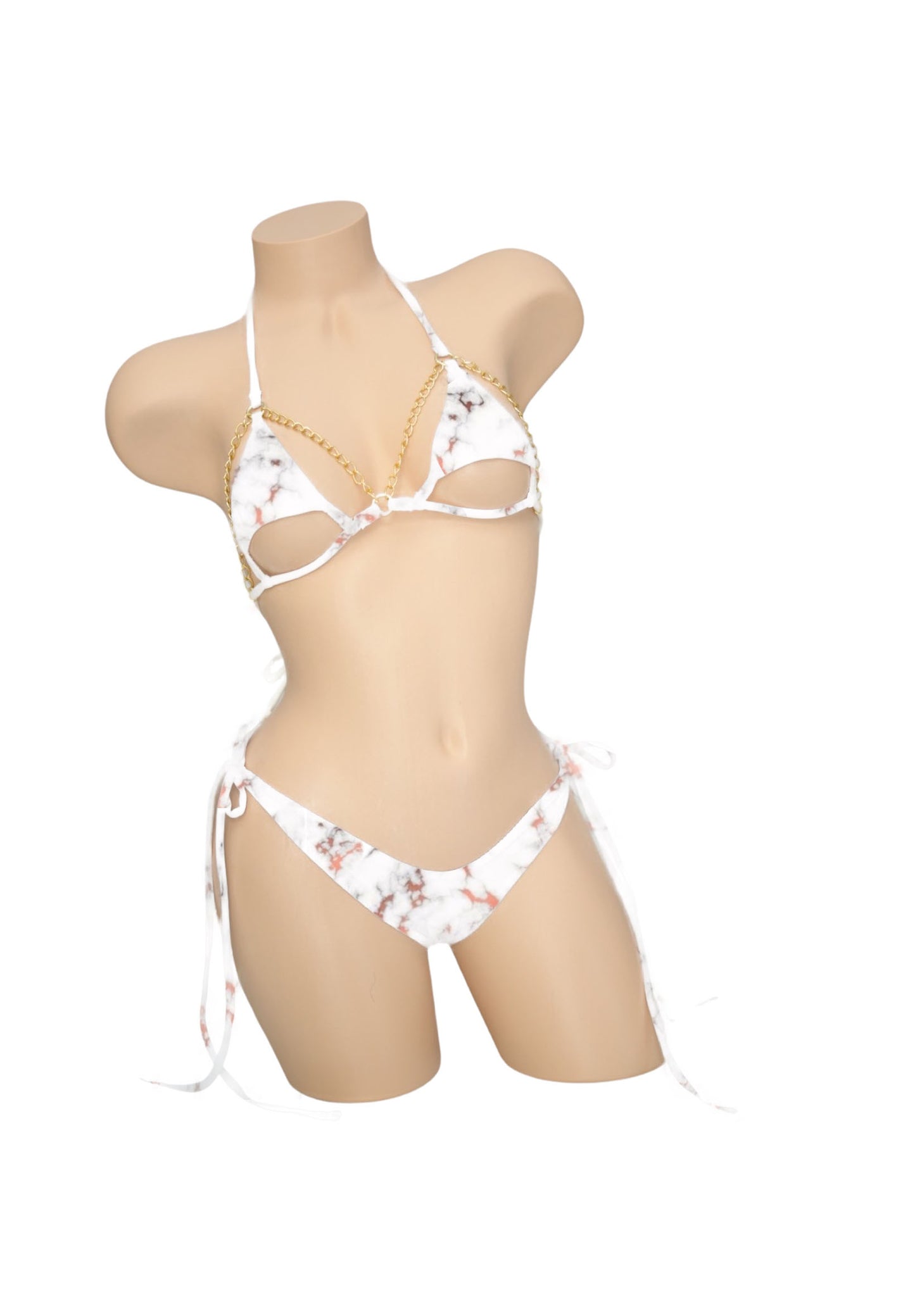 White Marble Scrunch Back String Tie Bikini Bottoms