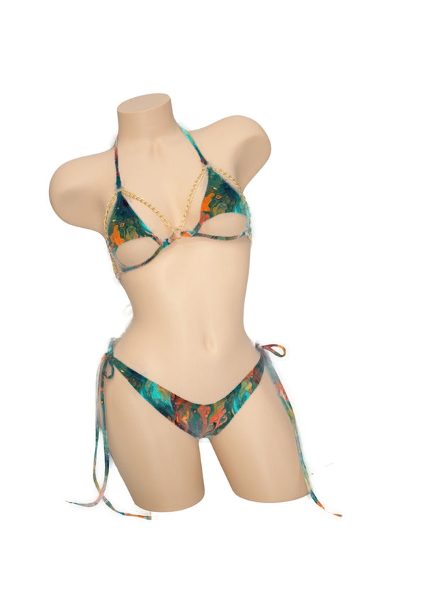 Sage & Gold Marble Scrunch Back String Tie Bikini Bottoms