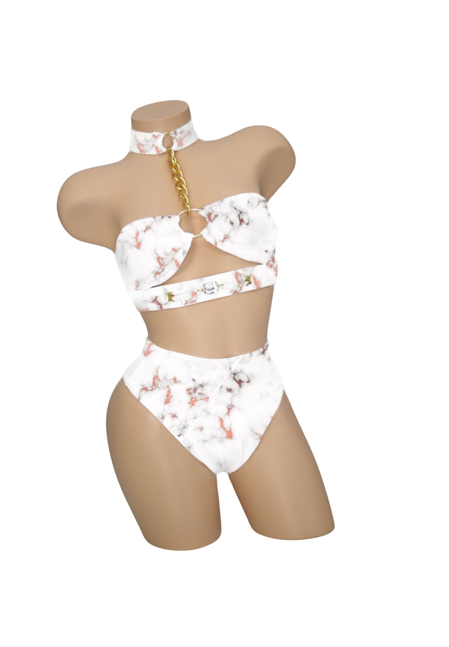 White Marble High-Waisted Full Coverage Swimwear Bottoms