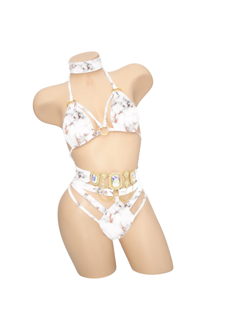 White Marble Multiple Strap Thong Bikini Bottoms