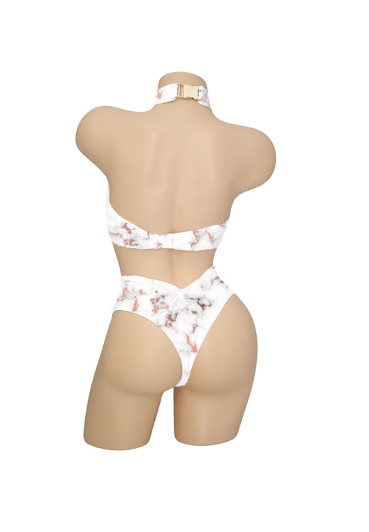 White Marble Scrunch Back High-Waisted Swimwear Bottoms