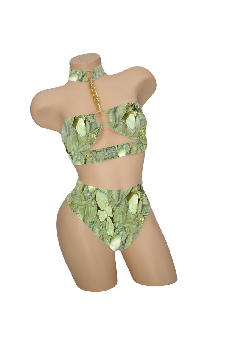 Green Geo Agate Scrunch Back High-Waisted Swimwear Bottoms