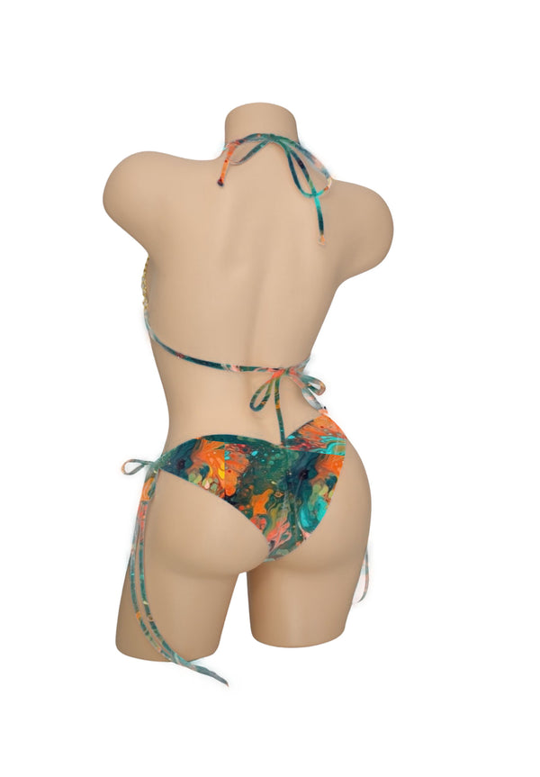 Sage & Gold Marble Scrunch Back String Tie Bikini Bottoms